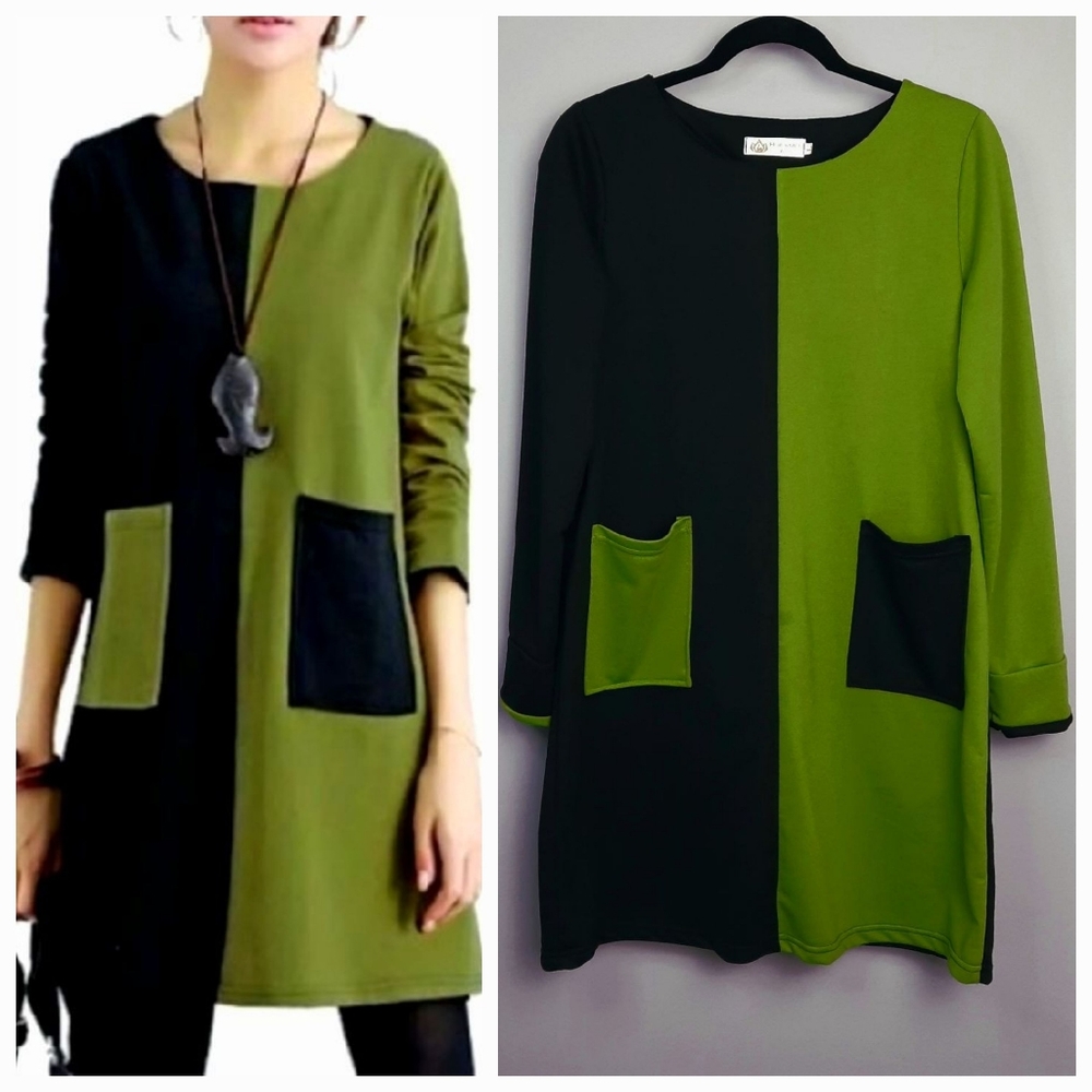 Black and Green Colorblock Mod Long Sleeve Mini Dress size Large